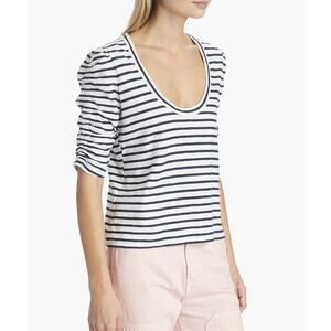 VERONICA BEARD TOP WOMENS SIZE XS NETTO TEE SHIRT PUFF SLEEVE NAVY WHITE